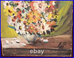 Vintage expressionist oil painting still life with flowers, signed