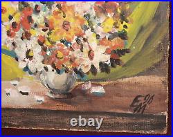 Vintage expressionist oil painting still life with flowers, signed