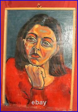 Vintage expressionist oil painting woman portrait signed