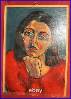 Vintage expressionist oil painting woman portrait signed