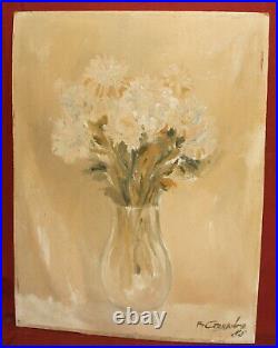 Vintage expressionist still life oil painting with flowers signed