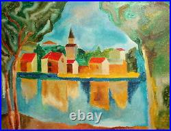 Vintage fauvist lake village landscape oil painting signed