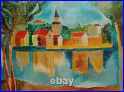 Vintage fauvist lake village landscape oil painting signed