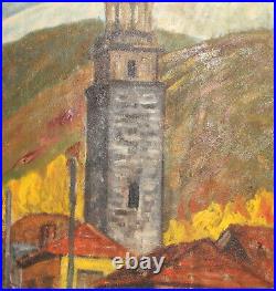 Vintage fauvist oil painting landscape mountain village church tower signed