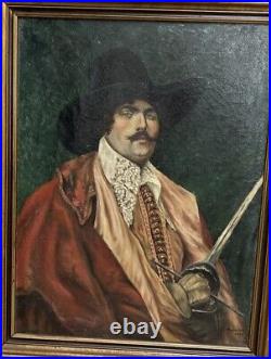 Vintage framed oil painting canvas portrait man musketeer 1935 signed e wheelock