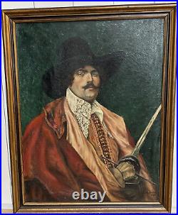 Vintage framed oil painting canvas portrait man musketeer 1935 signed e wheelock