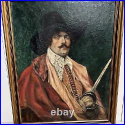 Vintage framed oil painting canvas portrait man musketeer 1935 signed e wheelock