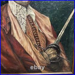 Vintage framed oil painting canvas portrait man musketeer 1935 signed e wheelock