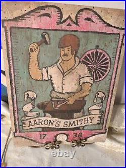 Vintage hand painted wood Blacksmith Sign titled Aaron's Smithy mid 50's-70s