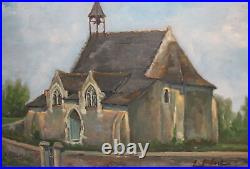 Vintage impressionist oil painting landscape church signed