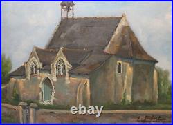 Vintage impressionist oil painting landscape church signed