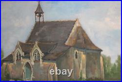 Vintage impressionist oil painting landscape church signed