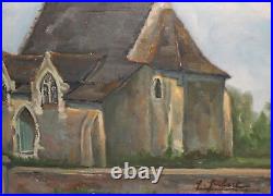 Vintage impressionist oil painting landscape church signed