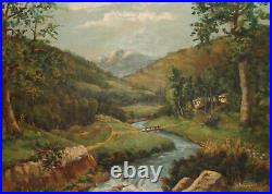Vintage impressionist oil painting landscape mountain river signed