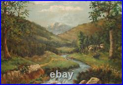 Vintage impressionist oil painting landscape mountain river signed