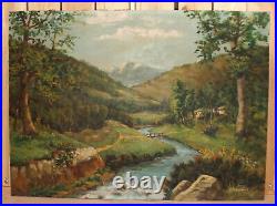Vintage impressionist oil painting landscape mountain river signed