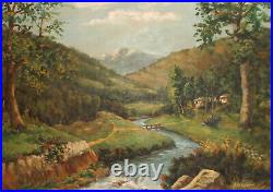 Vintage impressionist oil painting landscape mountain river signed