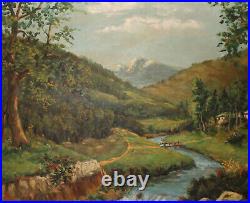Vintage impressionist oil painting landscape mountain river signed