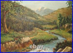 Vintage impressionist oil painting landscape mountain river signed