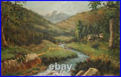 Vintage impressionist oil painting landscape mountain river signed