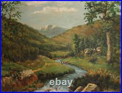 Vintage impressionist oil painting landscape mountain river signed