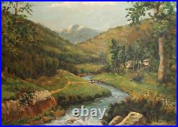 Vintage impressionist oil painting landscape mountain river signed