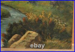 Vintage impressionist oil painting landscape mountain river signed