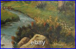 Vintage impressionist oil painting landscape mountain river signed