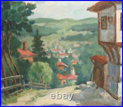 Vintage impressionist oil painting mountain village landscape signed