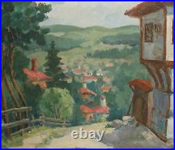 Vintage impressionist oil painting mountain village landscape signed