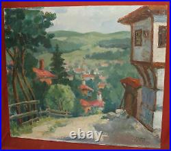 Vintage impressionist oil painting mountain village landscape signed