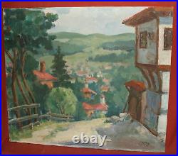 Vintage impressionist oil painting mountain village landscape signed