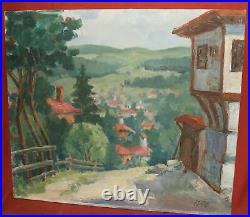 Vintage impressionist oil painting mountain village landscape signed