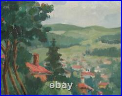 Vintage impressionist oil painting mountain village landscape signed