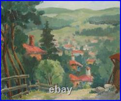 Vintage impressionist oil painting mountain village landscape signed