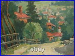 Vintage impressionist oil painting mountain village landscape signed