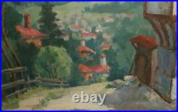 Vintage impressionist oil painting mountain village landscape signed