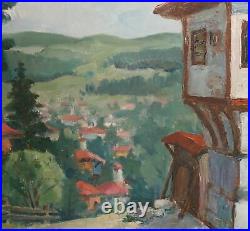 Vintage impressionist oil painting mountain village landscape signed