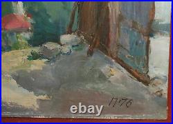 Vintage impressionist oil painting mountain village landscape signed