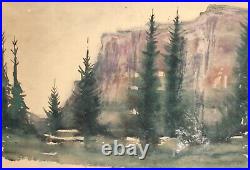 Vintage impressionist watercolor painting mountain landscape signed