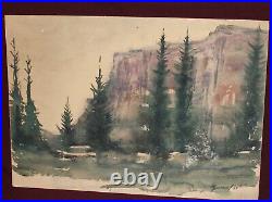 Vintage impressionist watercolor painting mountain landscape signed
