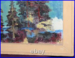 Vintage landscape forest lake impressionist oil painting signed