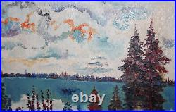 Vintage landscape forest lake impressionist oil painting signed