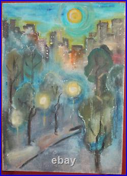 Vintage modernist oil painting cityscape signed