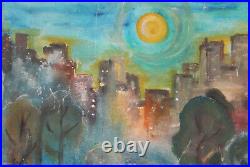 Vintage modernist oil painting cityscape signed