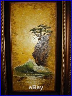Vintage oil painting Framed wave rock bonsai tree lance artist signed MUST SEE