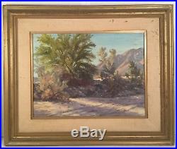 Vintage oil painting. Signed landscape painting. Desert wash with mountains