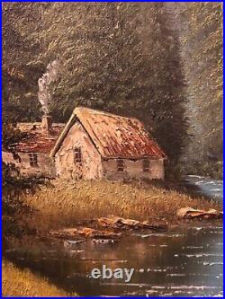Vintage oil painting cabin in mountains, signed W. Campbell