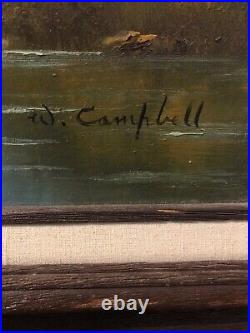 Vintage oil painting cabin in mountains, signed W. Campbell