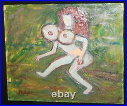 Vintage oil painting expressionist portrait nude woman signed